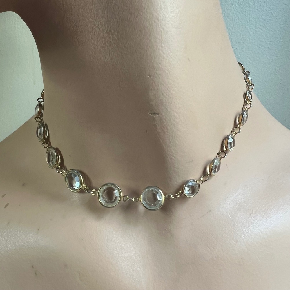 Faceted Crystal Bezel Choker Necklace Gold Tone EX